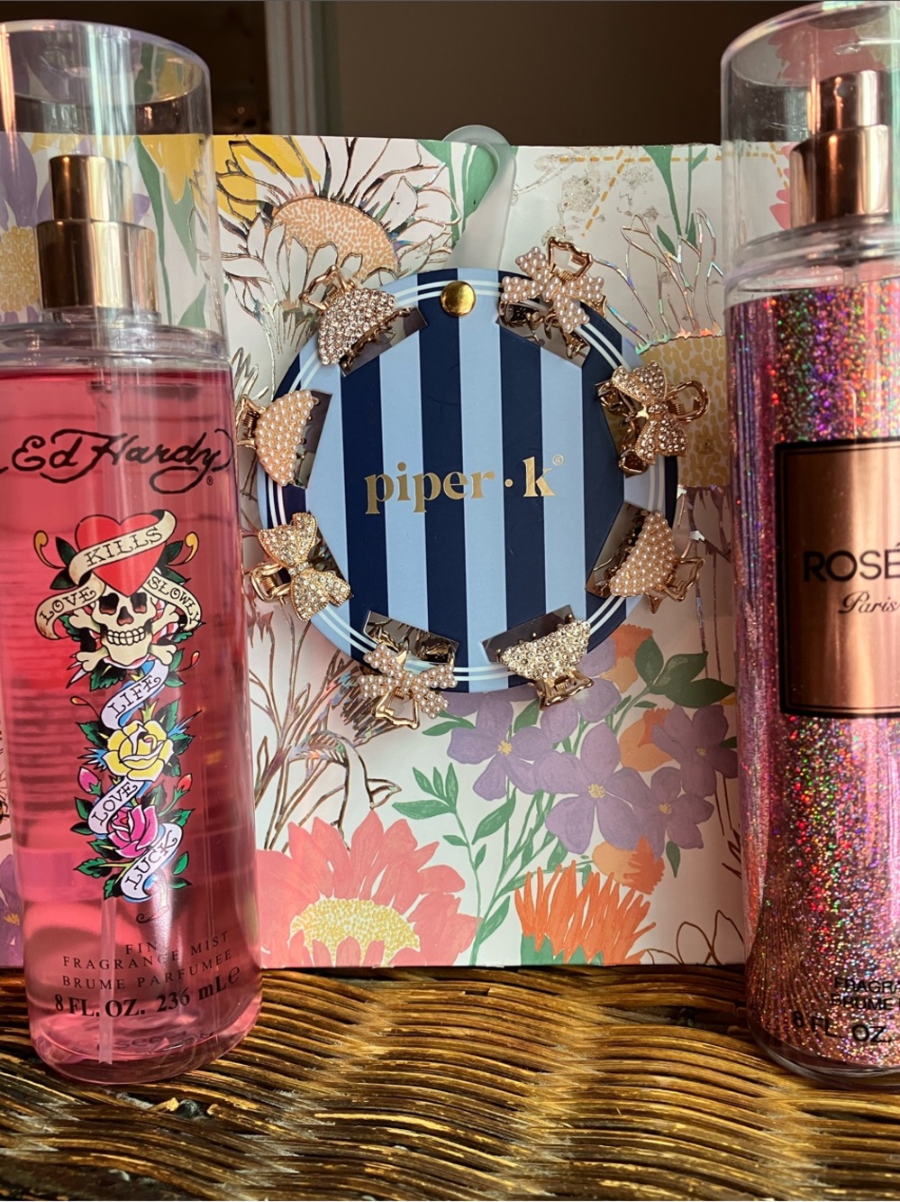Ed Hardy& Paris Hilton Body Mist with Piper K Hair Clips!!